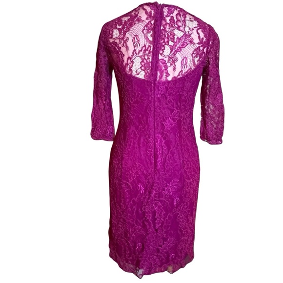 Carmen Marc Valvo Botanical Berry Pink Sheath Dress 10 Lace 3/4 Sleeve Cocktail - Picture 2 of 9